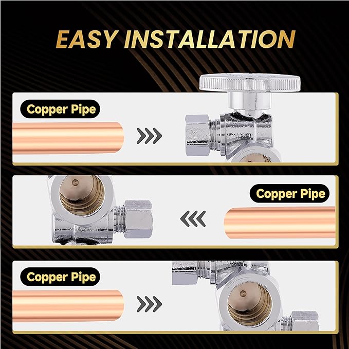 2-Pack Foskan Dual Compression 1/4 Turn Angle Stop Valve with 2 Shut Off Valve/Handles,1/2" NOM (5/8" OD) x 3/8" OD x 1/4" OD,Chrome Plated Brass