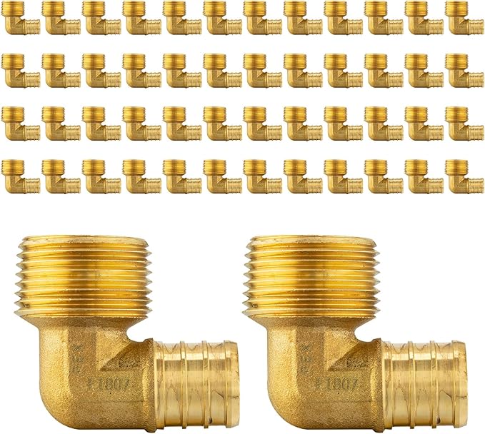 (Pack of 50) EFIELD Pex 3/4 inch x1/2 inch Male NPT Threaded Elbow Barb Crimp Brass Fittings, ASTM F1807,(PEX1807101-50PCS)