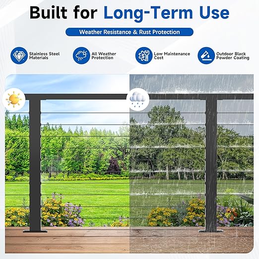 Upgraded Swageless Level Drilled Cable Railing Post 36"(Post 35"x2"x2"), Heavy-Duty Fixed Top Line Post with Cable Grommets, T304 Stainless Steel, Black Powder Coated for Outdoors Decks
