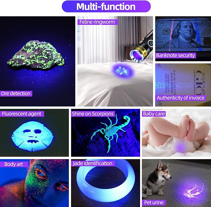 DARKDAWN UV 395nm Lights Flashlights USB Rechargeable Ultraviolet LED Blacklight Mini Wood’s Lamp Portable Blacklight for cat Urine Detection Dry Stains, Uranium Glass, Leak Detection, 395 nm 2 Pack