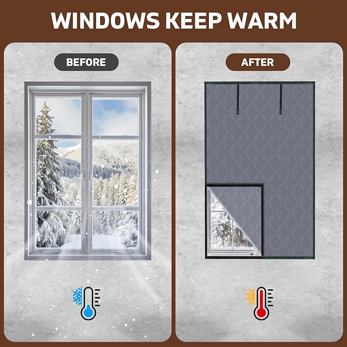 Thermal Window Cover for Winter Insulated Window Cover with 3 Layer Design 63" x 39" Oxford Thermal Insulated Window Blanket Gray Window Insulation Kit for Winter Keeping Warm