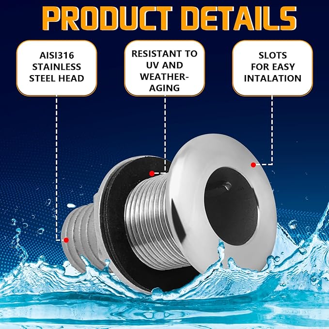 Thru Hull Fittings for Boats, Stainless Steel Yacht Through Hull Connecter with Straight Barb, Marine Barbed Hose Skin Fitting Drain for 3/4 inch I.D. Hose, 1 inch I.D. Hose