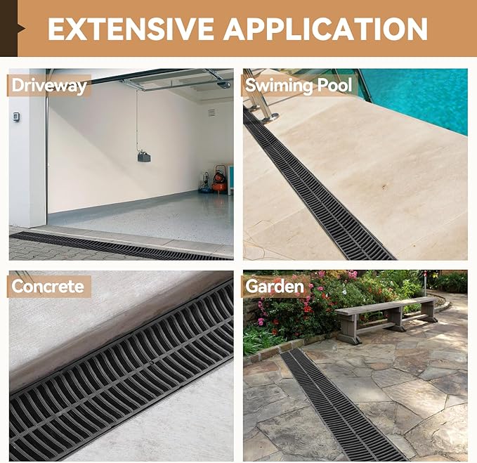 4 Pack Trench Drain System, Channel Drain with Plastic Grate, Driveway Drainage Channel Systems,Channel Drain Pipe Outdoor Trench Drainage System,5.9X7.5X39 Inch