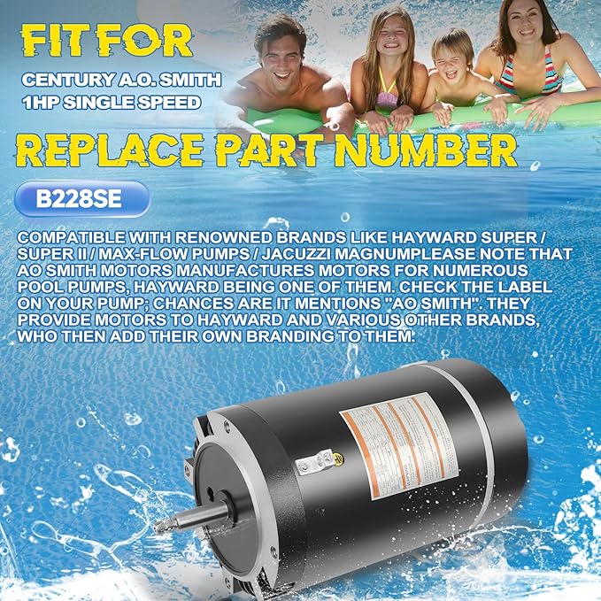 B228SE Pool Pump Motor 1 HP, Fit for Century A.O. Smith 1HP Single Speed, 3450 RPM, 56J Frame, 115A/230V, 6/12 Amps, Swimming Pool Motor