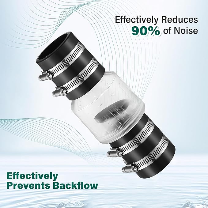 Silent Check Valve 1-1/2" with Buna-N Couplings, Spring-Loaded Flapper Increases Sump Pump Life Includes Heavy-Duty Steel Clamps for 1-1/2″ Pipe.