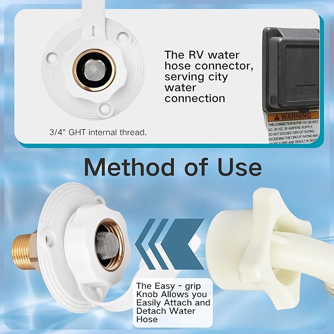 RV City Water Inlet with Check Valve – 3/4″ NH to 1/2″ NPT Brass, White Dust Cap