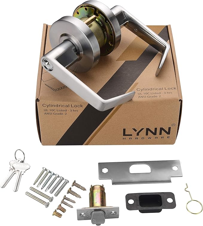 LYNN HARDWARE Commercial Door Lever Lock - Heavy-Duty Locking Door Handle, Designer Door Handles, Cylindrical Lever Lock, Non-Handed Grade 2 Door Handle, Satin Chrome, Entrance Keylock w/Clutch