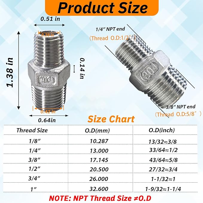 2pcs 3/8" NPT x 1/4" NPT Stainless Steel Nipple, 3/8 to 1/4 Adapter Fitting Reducing Solid Hex Stainless Steel Nipple, Male Reducer for Extending and Connecting Pipes