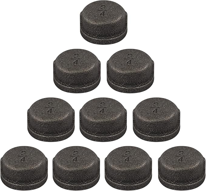 10 Pack 3/4 inches Cap Malleable Cast Iron Pipe, Industrial Pipe for Threaded Black Pipes and Fittings, DIY Steampunk Industrial Vintage Style.