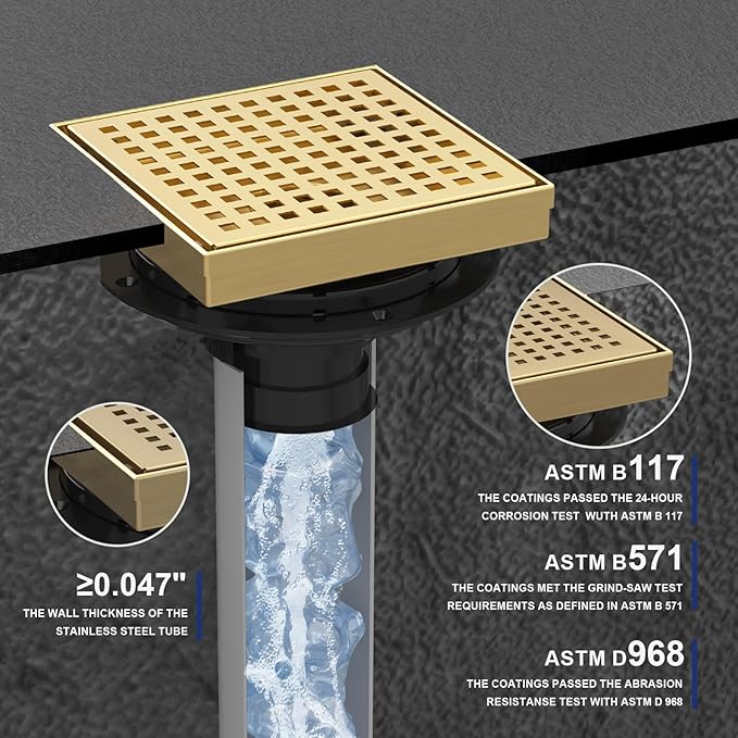 6 Inch Square Shower Drain | Brushed Gold Shower Drain with Flange, Hair Strainer & Removable Grid Cover, AISI 304 Stainless Steel Shower Floor Drain, in Bathroom, Kitchen, Balcony etc