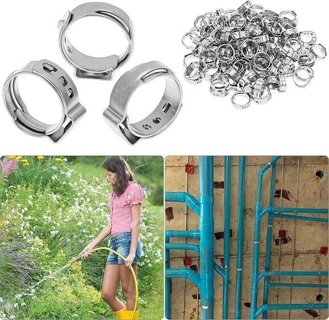QWORK 1/2" PEX Cinch Clamps Rings, 120 Pcs 304 Stainless Steel Ear Hose Clamps for 1/2 Inch PEX Pipe, Pinch Clamps, Liquid & Air-Tight Seal, Ideal for Hoses & Fuel Lines