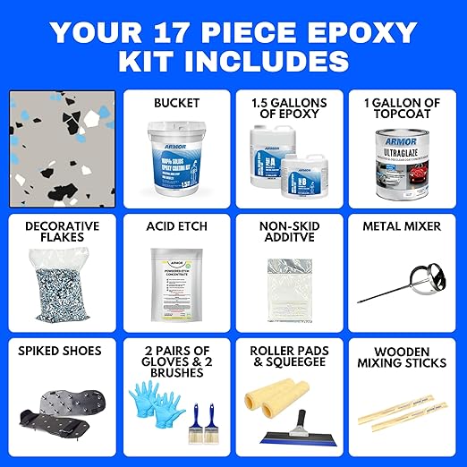 ArmorPoxy Garage Epoxy Floor Kit – 100% Solids - 2 Part Industrial-Grade Coating w/UltraGlaze Topcoat | DIY Slip & Hot Tire Resistant |300 Sq Ft - Medium Gray - 17 pc kit
