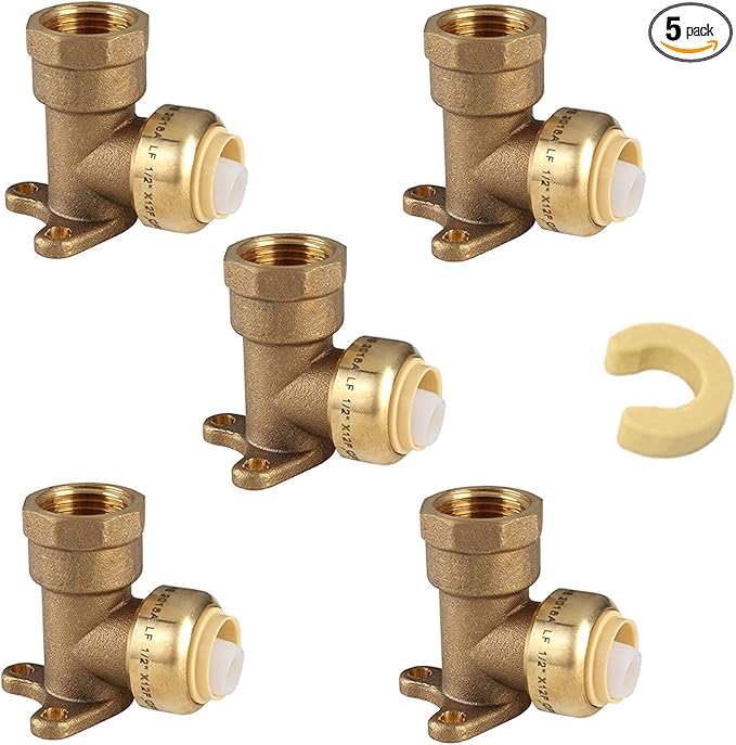 (Pack of 5) EFIELD 3/4" Push Fit x 3/4" Female NPT Drop-ear Elbows Brass Fitting with 1 Disconnection Tool Clip,(PF073-5PCS)