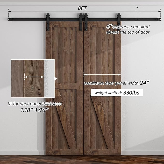 8FT Sliding Barn Door Hardware Kit for Double Door, Sliding Door Track, Easy to Install, Smoothly and Quietly, Fit 1.18-1.96" Thicknesses Fit Double 24" Wide Door (J Shape Hanger)