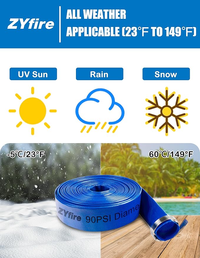 ZYfire Pool Backwash Hose with 2 Clamps - 1-1/2" x 50 FT PVC Lay Flat Discharge Hose Heavy Duty Reinforced Pool Hose Weather and Burst Resistant for Pool Drain, Sump Pump, Pool Filter