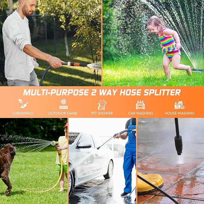 2 Way Garden Hose Splitter with Shut Off Valve,Water Spigot Splitter for 3/4" Hose Connector,Heavy Duty Metal Outdoor Faucet Splitter Y Connector with 3 Leakproof Washers & 1 tape-Orange