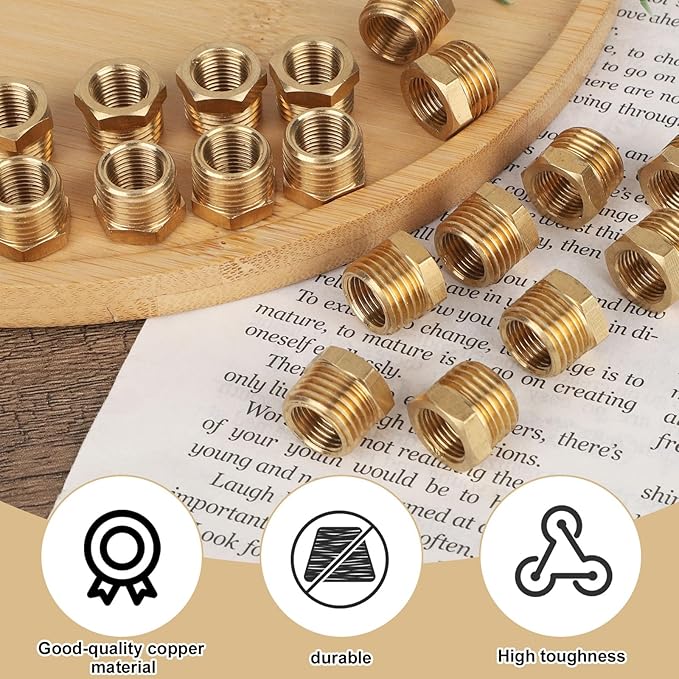 18pcs 1/4 Inch to 1/8 Inch NPT Female Reducer Hex Bushing, Brass Reducer Hex Bushing Heavy Duty Threaded Pipe Fitting Adapter for Plumbing Gas Hydraulic Systems