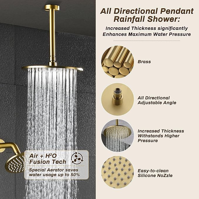 Rain Shower System, Push Button Diverter Shower Faucet Set with 2 in 1 Handheld Spray, Wall Mount Shower, Ceiling Mount Shower Head 3-Function Rainfall Shower System-Brushed Gold
