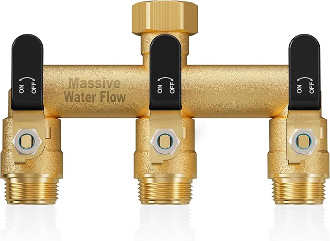 3 Way Hose Splitter, Heavy Duty Full Flow Garden Water Hose Bib Spigot Splitter, Brass Rust and Freeze Resistant Outdoor Faucet Splitter, T Adapter Connector with 3/4 - Inch GHT Thread （Black）
