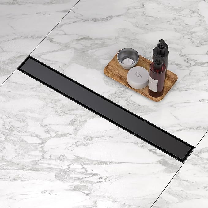 Linear Shower Drain. 36 Inch Shower Trench Drain with 2-in-1 Flat Cover & Inser Cover,304 Stainless Rectangle Steel Shower Floor Drain with Hair Strainer and Leveling Feet (Black, 36 in)