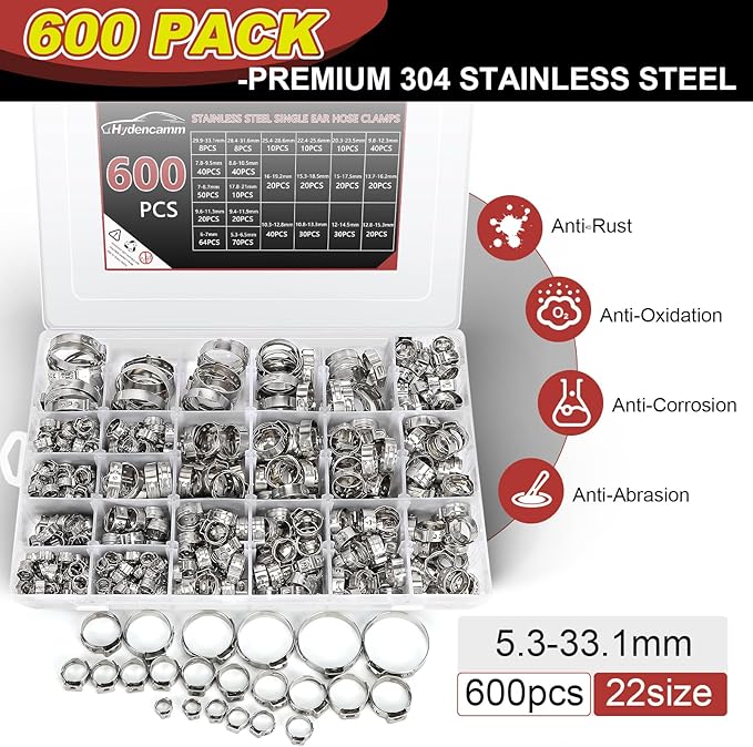 600PCS 22 Sizes Single Ear Hose Clamps, 5.3-33.1mm Crimp Hose Clamps 304 Stainless Steel, Ear Clamp Perfect for Automotive, Home Appliance Line, Pipe Hoses and Industry Use By Hydencamm