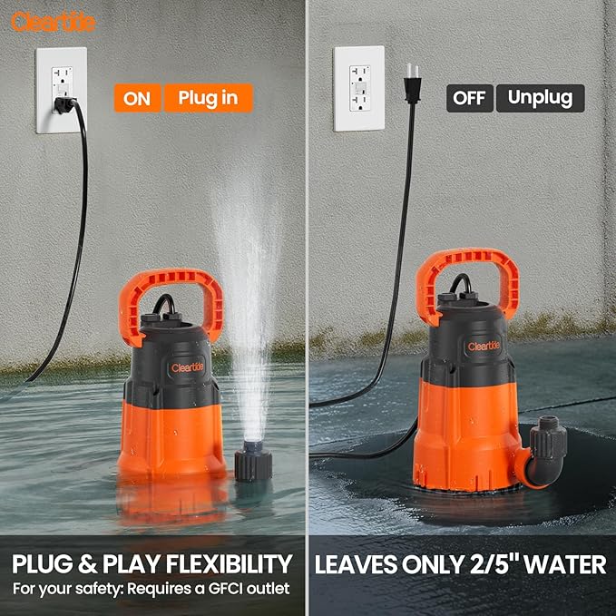Cleartide Submersible Sump Pump, 1/3 HP Utility Water Pump for Pool Draining, Hot Tub, Basement,100% Copper Motor, Electric Drain Pump Handles 3/8" Solids, 10 FT Cord