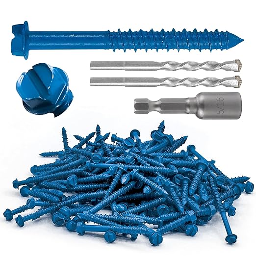 100Pcs 1/4" x2-1/4 Concrete Screws with Drill Bit, Hex Head Concrete Cement Screws Anchor Assortment Kit for Masonry, Block Brick or Stucco