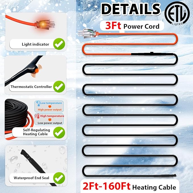 HEATIT JHSF 160ft Heating Tape for Metal and Plastic Home Pipes, Energy-efficient, Self-Regulating Pipe Heat Tape for Water Pipes, Pipe Freeze Protection, Keeps Water Flowing at -40℉, ETL 120V 3W/FT