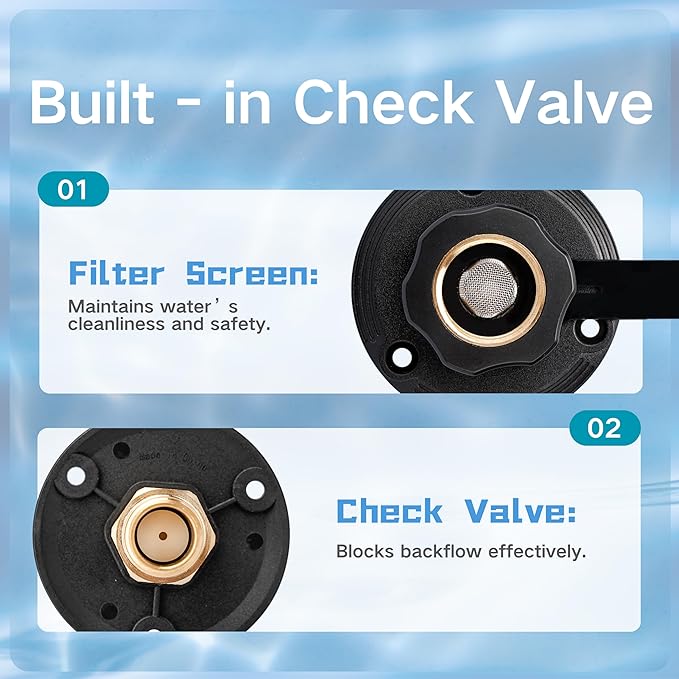 RV City Water Inlet with Check Valve – 3/4″ NH to 1/2″ NPT Brass, Matte Black Dust Cap