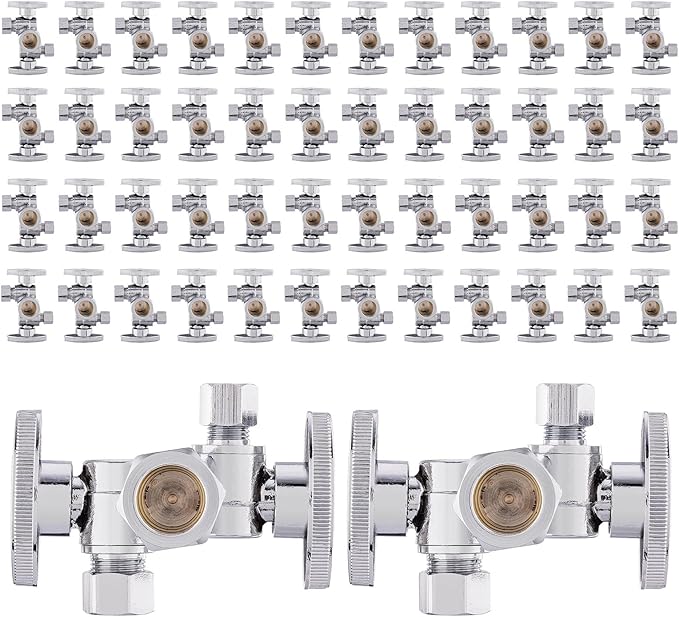 (Pack of 50) EFIELD 1/4-Turn Dual Compression Outlet Angle Stop Valve with 2 Shut Off Valve/Handles, 1/2" NOM (5/8" OD) x (3/8 inch x 1/4 inch) Chrome For Faucet Toilet,(VALVE137-50PCS)