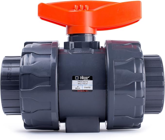 HYDROSEAL Kaplan 2’’ PVC True Union Ball Valve with Full Port, ASTM F1970, EPDM O-Rings and Reversible PTFE Seats, Rated at 200 PSI @73F, Gray, 2 inch Socket (2 inch)