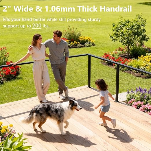 2Pack 8FT Stainless Steel Black Handrail for Cable Railing Post Kit, 2" W X 1" H Cuttable Rectangular Top Rail with End Cap Screw for Staircase Remodel Hallway Handrail Deck Railing Balcony