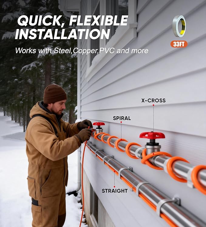Heat Tape for Water Pipes - 40FT Heat Tape with Thermostat Self-Regulating Heat Tape Freeze Protection, ETL Listed, Keeps Water Flowing at -40°F, 120V 3W/FT