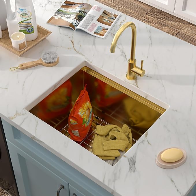 21"x18" Undermount Laundry Utility Sink Workstation – Brushed Gold NANO-PVD, 16 Gauge 304 Stainless Steel, 12 Inch Deep Single Bowl Sink Basin for Laundry Room, RV or Utility Use
