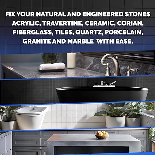 Granite, Marble & Porcelain Repair Kit (Clear, Black & Acrylic) - Ideal as Quartz Countertop Repair Kit I Works Great for Countertops, Tiles, Sinks and Other Surfaces