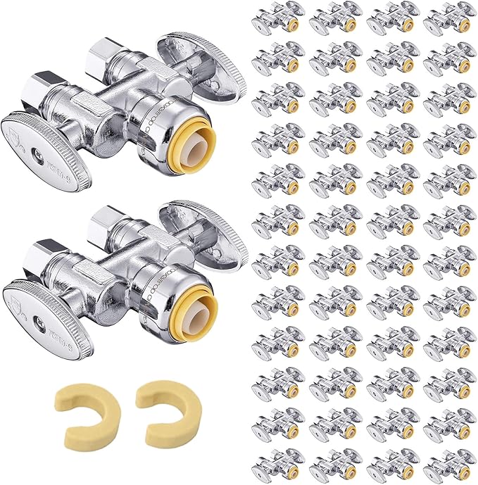 (Pack of 50) EFIELD Push Fit 1/2" x Dual 3/8" OD Compression Straight Stop Valve, 1/4 Turn with a Disconnect Clip Tool,(PF-VALVE039-50PCS)