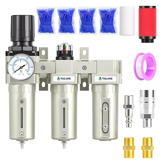 TAILONZ PNEUMATIC 0-240PSI 3/4 Inch NPT Industrial Grade Three Stage Air Drying System, Particulate Filter,Desiccant Dryer and Air Regulator,Coalescing Filter (Manual Drainage)