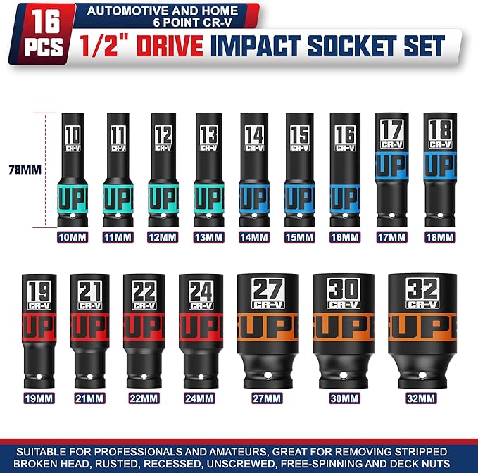 16 Piece 1/2" Drive Impact Socket Set, 10-32 mm Thicker Deep Sockets, Metric Socket Set, 6-Point, Cr-V, Automotive and Home