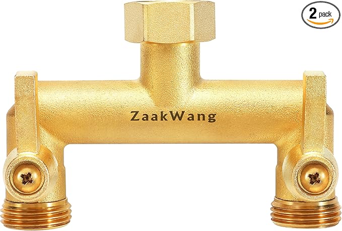 Heavy Duty Brass 2-Way Garden Hose Splitter, 3/4" GHT Threads, Metal Shutoff Valve, Long Handle