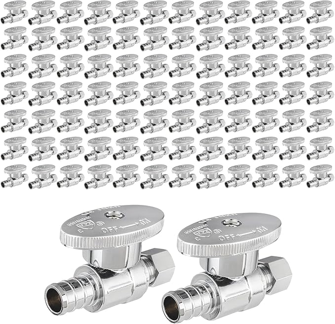 (Pack of 100) EFIELD 1/4 Turn Straight Stop Valve 3/8" OD Compression X 1/2" Crimp Barb Pex Chrome Plated Brass,(VALVE085-100PCS)