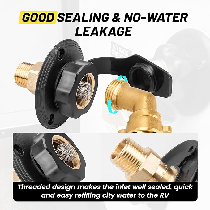 Oyviny RV City Water Inlet with Check Valve, Lead-free Brass RV Fresh Water Inlet 3/4 NH Female to 1/2 NPT Male Connection, Water Fill Inlet Flange Replacement for Camper Trailer Motorhome Marine
