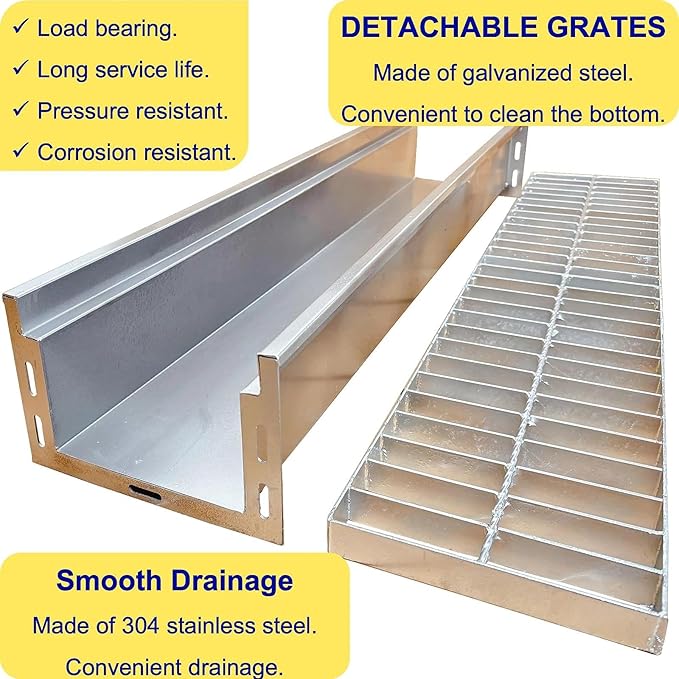 304 Stainless Steel Channel Drain with Galvanized Steel Grate 39.4x9x6 in, B-Class 28100 lbs Heavy-Duty Drain Kit for 3" Pipe, Trench Drainage System for Outdoor, Driveway, Garage, Yard