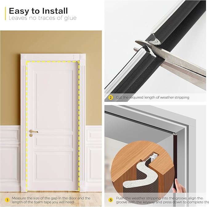 Weather Stripping Door Seal Strip Soundproof Q Foam Weather Stripping for Door Frame, Exterior Door Weather Stripping for Large Gap, Easy to Install（Black, 50FT