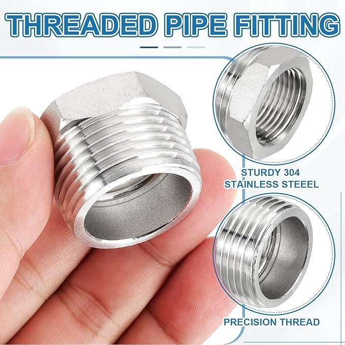 PATIKIL 304 Stainless Steel Reducer Hex Bushing 2 Pcs, 1" BSPT Male to 3/4" BSPT Female Pipe Reducing Adapter Fitting Connector for Water Gas Hydraulic Pipes Shower Hose, Silver