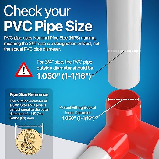 FORMUFIT 3/4” 4-Way Tee Furniture Grade PVC Fitting in Red, Made in USA, UV-Resistant, Impact-Proof, 1.050” Actual Socket Diameter (Pack of 8) - F0344WT-RD-8