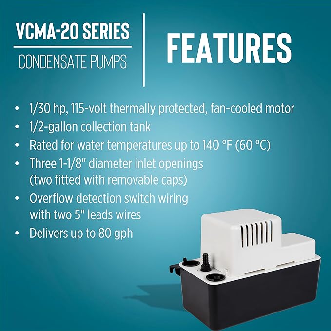 Little Giant VCMA-20ULST 115 Volt, 80 GPH, 1/30 HP Automatic Condensate Removal Pump for HVAC/Refrigeration Systems/Dehumidifiers with Overflow Detection Switch and 20-Foot Tubing, White/Black, 554435