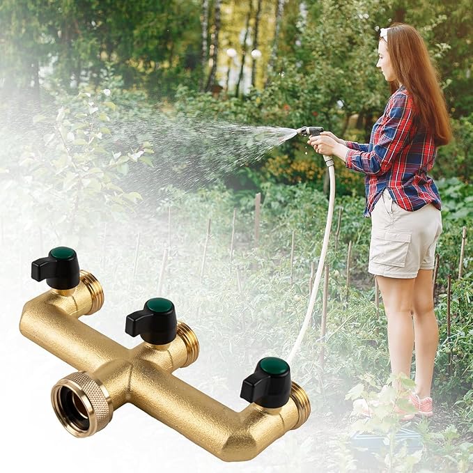 Hose Splitter, 3 Way Heavy Duty Brass Garden Hose Splitter, Outdoor Faucet Splitter, for 3/4" Hose Connector, Hose Spigot Adapter with 3 Individual ON/Off Valves