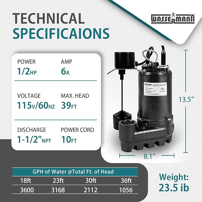 WASSERMANN 1/2HP 3600GPH Cast Iron Submersible Sump Pump with Vertical Float Switch,1-1/2"NPT Discharge Sewage Pump with 10FT Cord for Basement, Sump Basin, Sewage Well