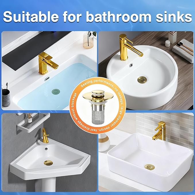 Sink Stopper Hair Catcher, Pop-up Sink Drain Strainer with Removable Stainless Steel Strainer Basket Hair Catcher, Bathroom Sink Strainer for Bathroom Sink Stopper Replacement(Brushed Gold-2PCS)