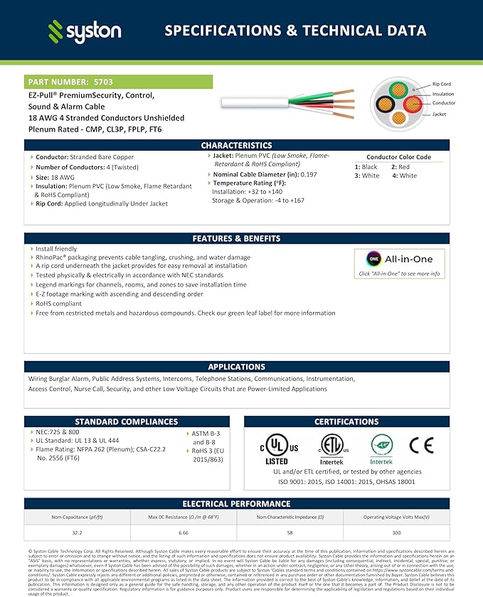 SYSTON 18/4 Fire Security Burglar Station Sound Alarm Control Cable Wire, Plenum-Rated CMP/CL3P Unshielded 100% Copper Stranded UL/ETL,UV Resistant RoHS for Indoor/Outdoor Low Voltage Applications Use